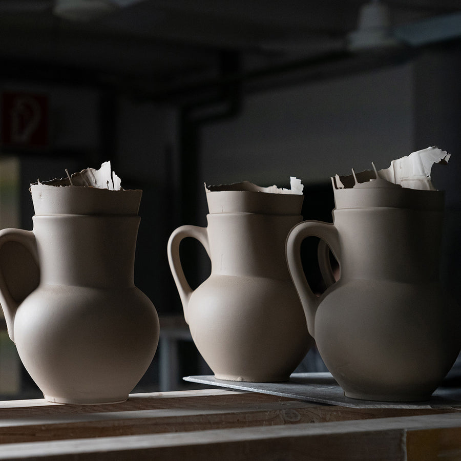 Unfinished ceramic jugs awaiting the next stage of production